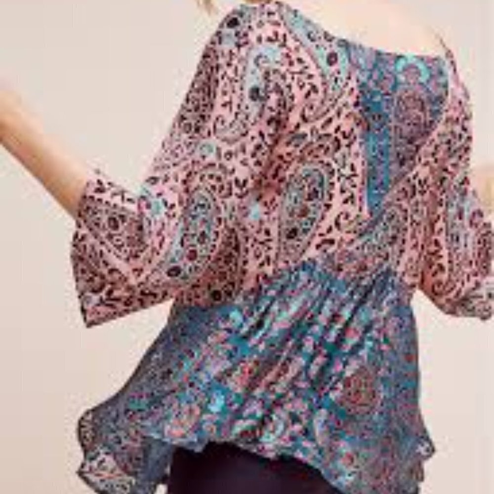 ✅ Anthropologie Floreat Valo Silk‎ Velvet Floral Blouse SIZE MEDIUM